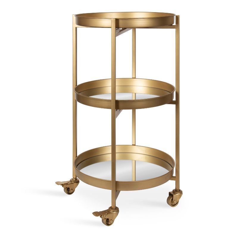 Celia Gold Finish 3-Tier Round Metal Bar Cart with Mirror Trays