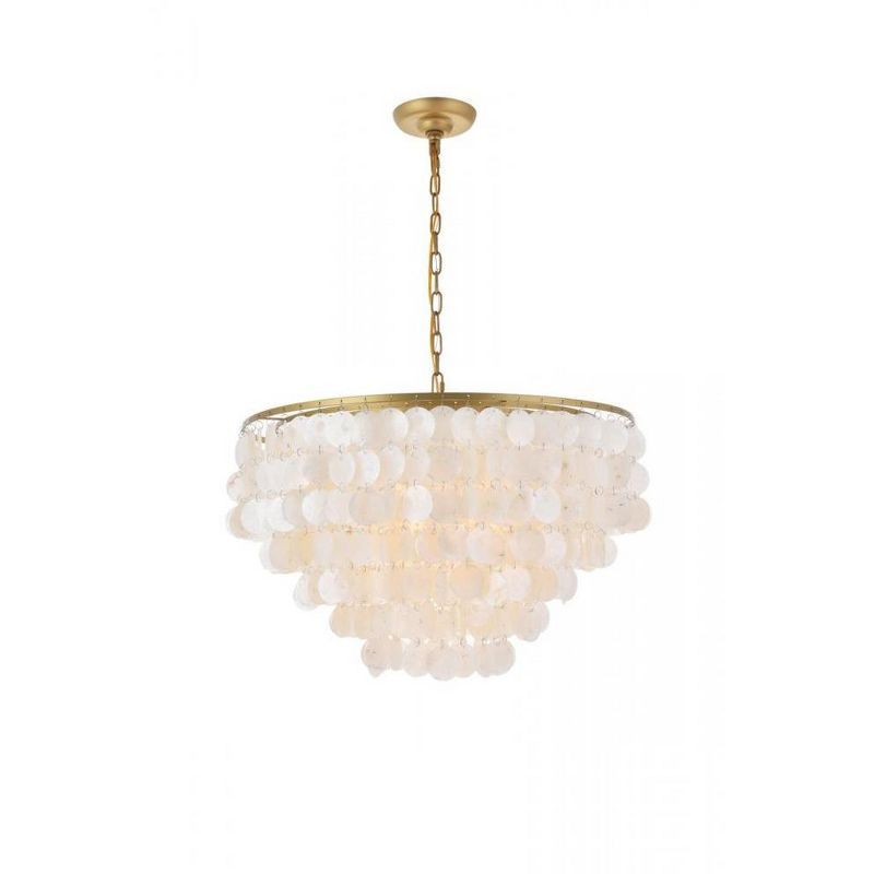 Elegant Brass and White Shell 6-Light LED Drum Pendant