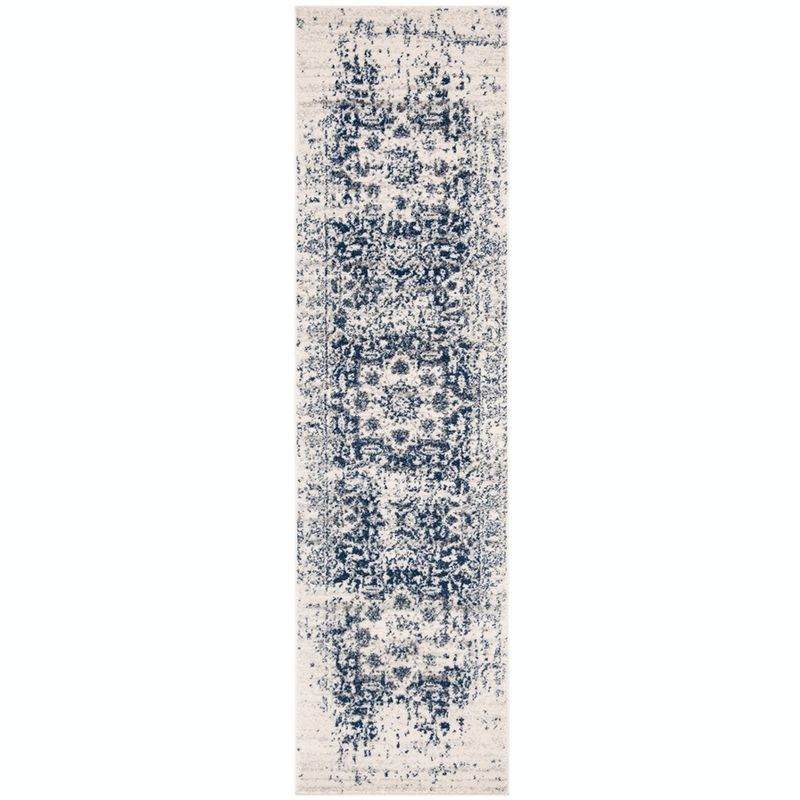 Ivory and Navy Floral Motif Synthetic Runner Rug