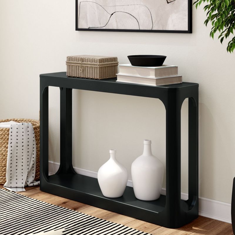 Black Solid Pine Wood Console Table with Storage Shelves