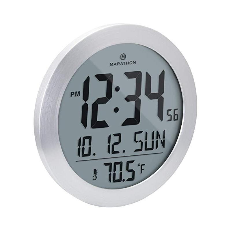 Marathon 10-Inch Round Silver Digital Wall Clock with Temperature Display