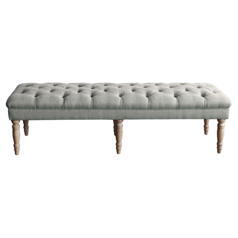 Layla 65'' Gray Tufted Fabric Bench with Turned Wood Legs