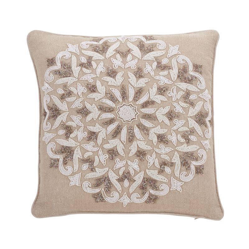 Beige Embroidered Linen Blend Square Throw Pillow