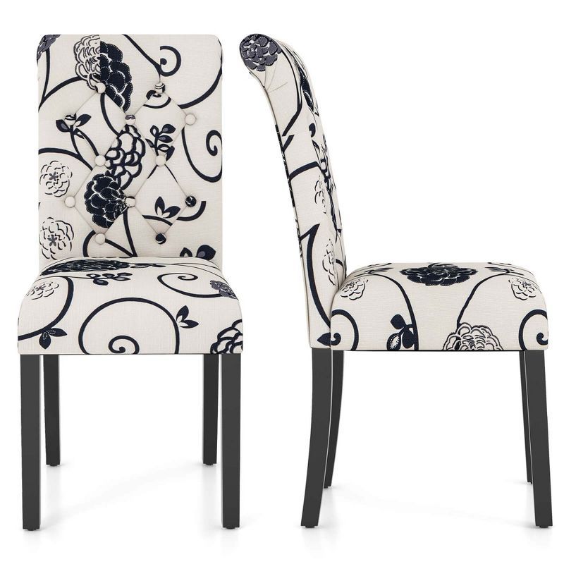 Set of 2 High Back Black and White Linen Upholstered Dining Chairs