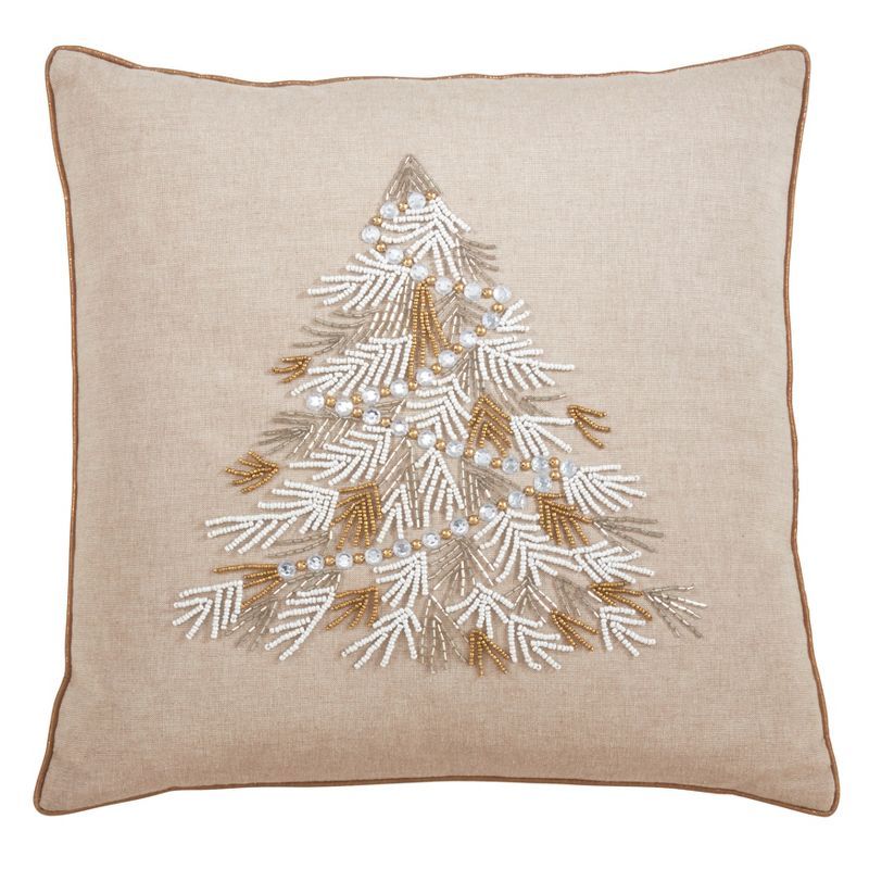 Beige Beaded Christmas Tree Square Throw Pillow