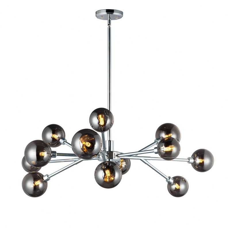 Polished Chrome Sputnik-Inspired 12-Light LED Chandelier with Smoke Glass Shades
