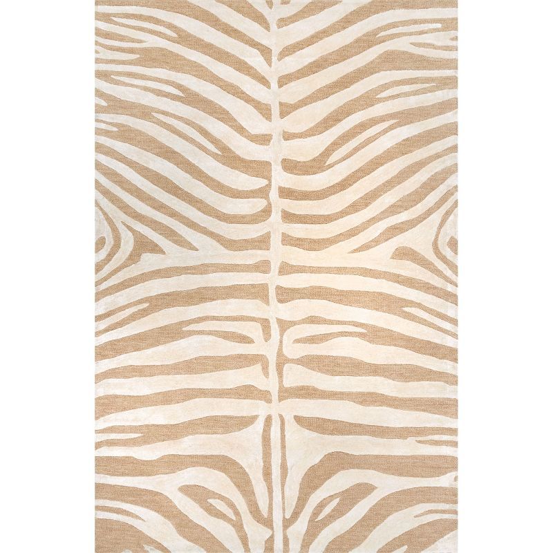 Tan and Off-White Handmade Tufted Wool Zebra Rug, 5' x 8'