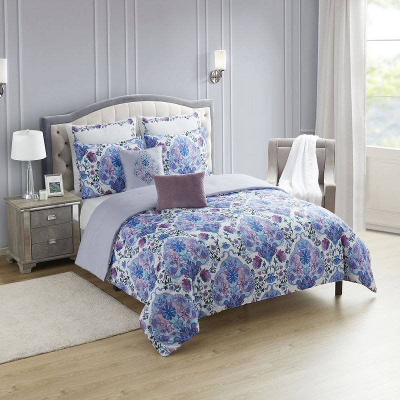 Juliette Queen Gray Floral Microfiber 7-Piece Bedding Set