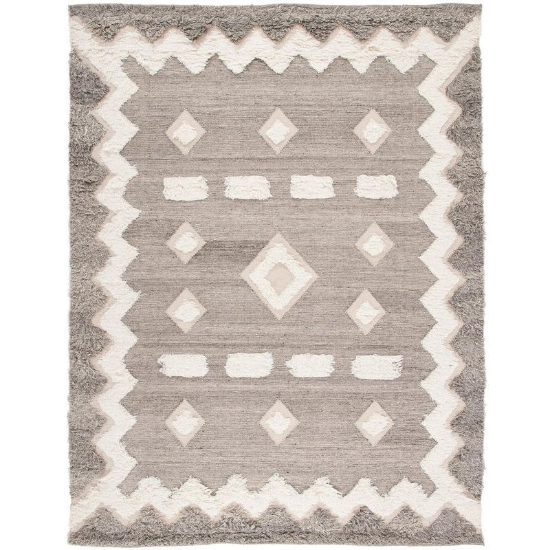 Ivory and Gray Hand-Knotted Wool Geometric 8' x 10' Rug