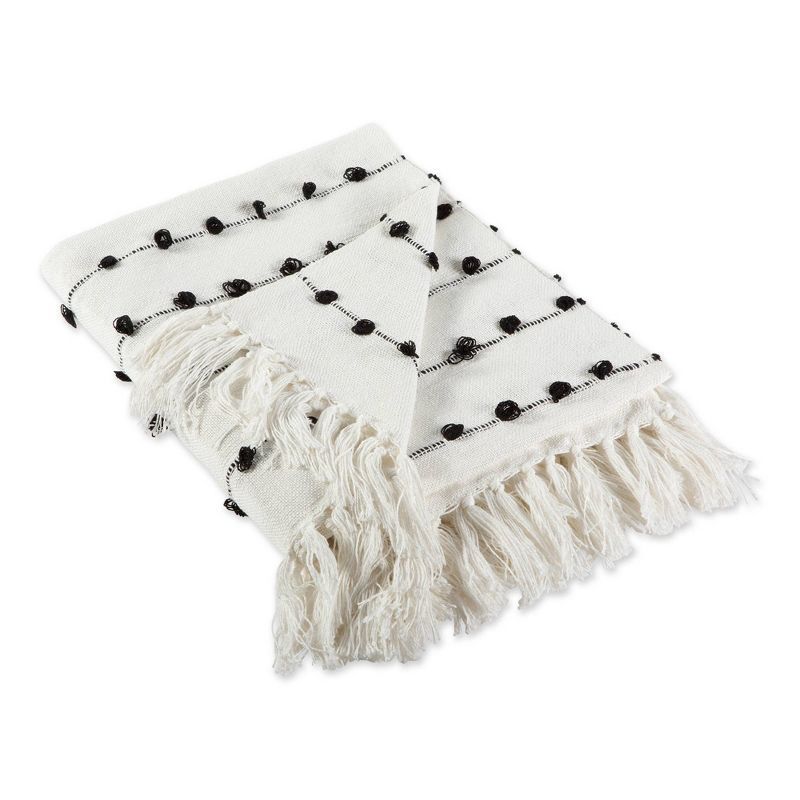 Off-White Cotton Woven Throw Blanket with Fringe