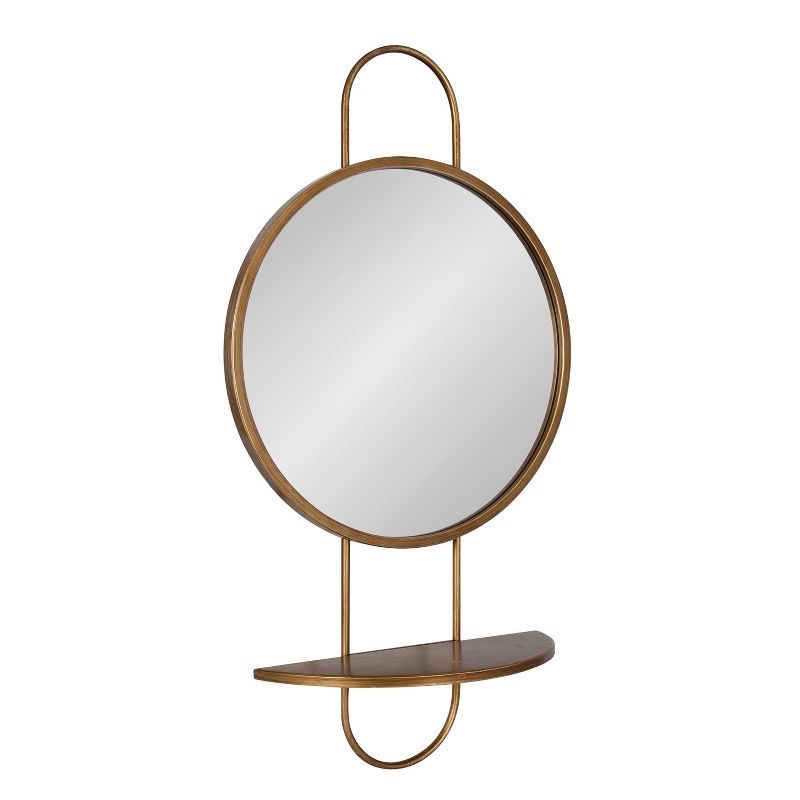 Gold Round Mirror with Wood Shelf, 19" x 33"