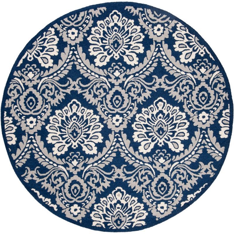 Hand-Tufted Navy/Ivory Floral Wool Round Rug, 6' Diameter