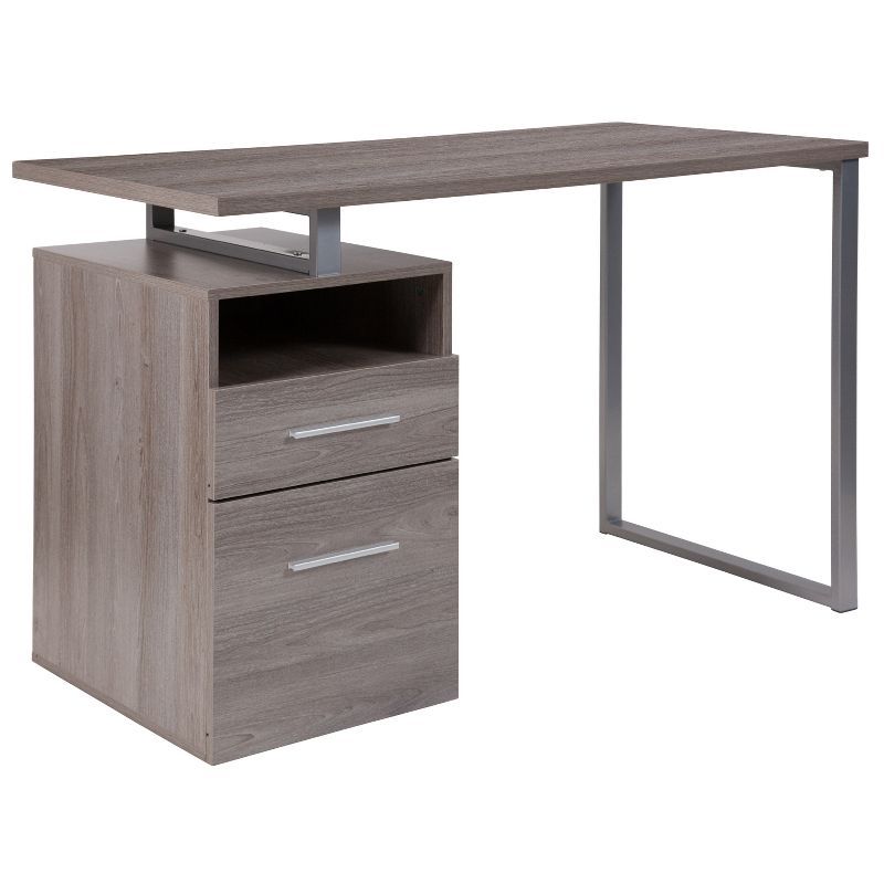 Light Ash Wood Computer Desk with Drawer and Silver Frame