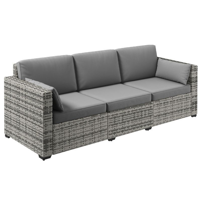 Gray Wicker Three-Seat Outdoor Sectional with Cushions