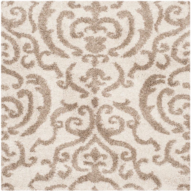 Cream and Beige Floral Shag 4' Square Area Rug