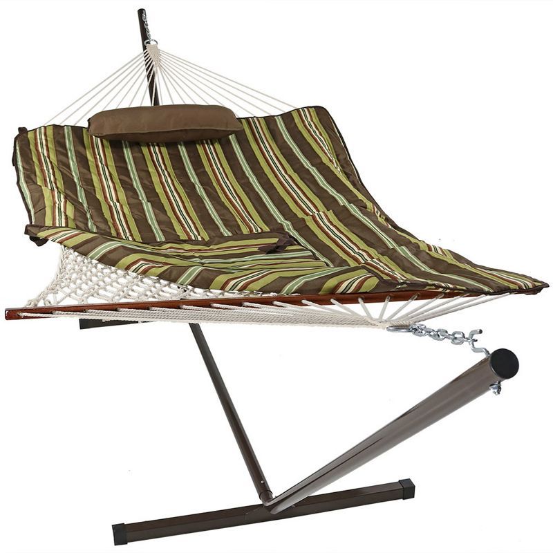 Desert Stripe Cotton Rope Hammock with Steel Stand, Pad, and Pillow