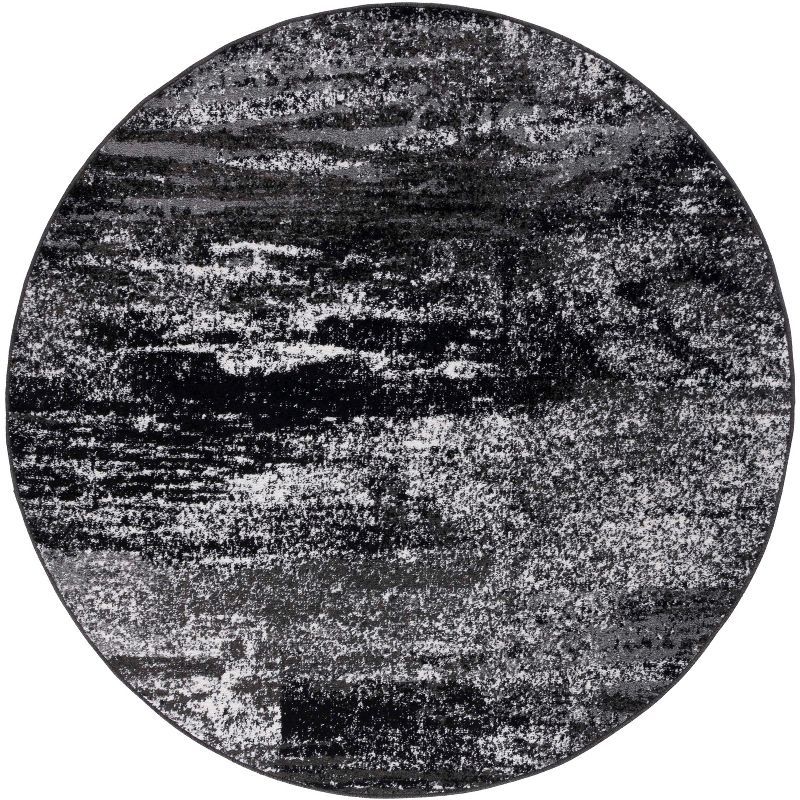 Modern Abstract Silver & Black Round Synthetic Area Rug, 9' Diameter