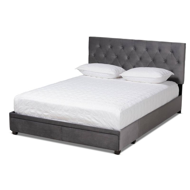 Gray Velvet Upholstered Queen Platform Storage Bed with Tufted Headboard