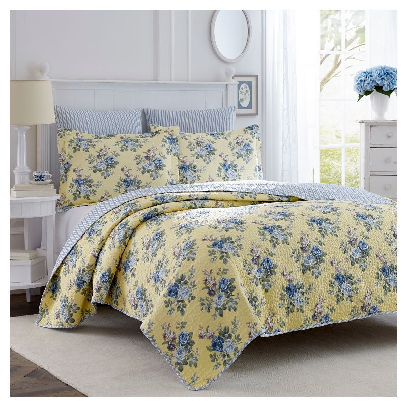 Linley Blue Floral Reversible Cotton Full Quilt Set