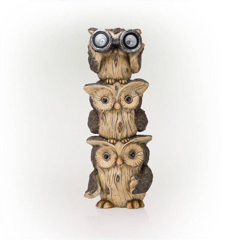 Solar-Powered Brown Polyresin Stacked Owl Lawn Decoration with LED Lights