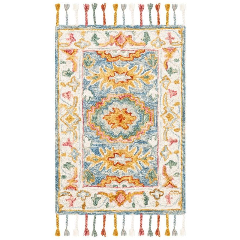 Blue and Ivory Handmade Wool Floral Area Rug