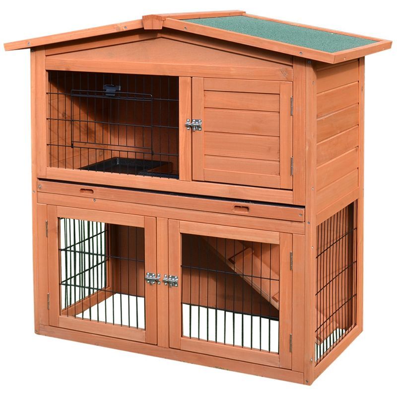 40" Natural Fir Wood Rabbit Hutch with Ramp and Tray