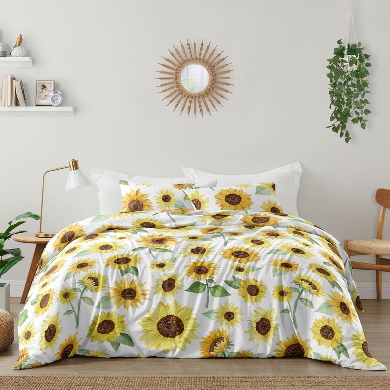 White and Yellow Sunflower Microfiber Full Comforter Set