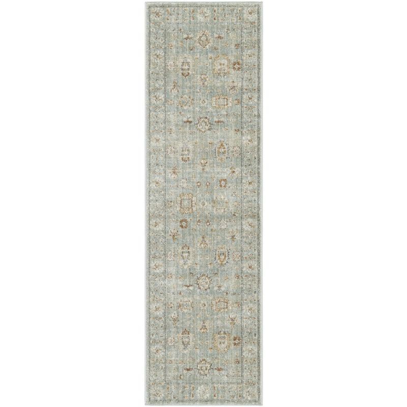 Mint Green Vintage Persian Style Runner Rug with Fringe Edges