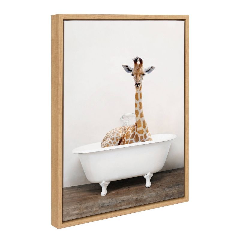 Giraffe in Bathtub Multicolor Canvas Print with Natural Frame