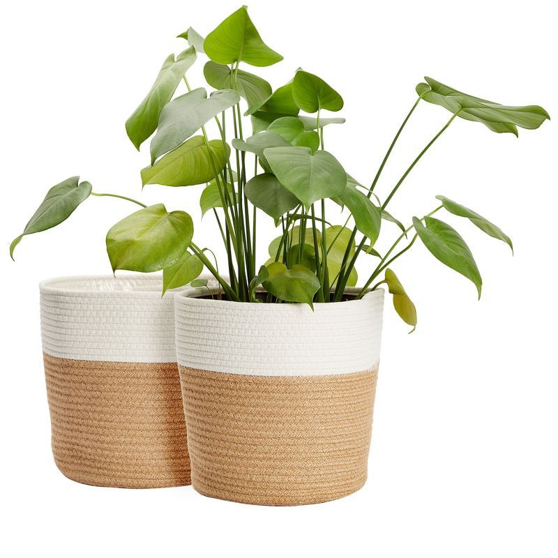 Set of 2 White and Natural Jute Planters with Plastic Liner