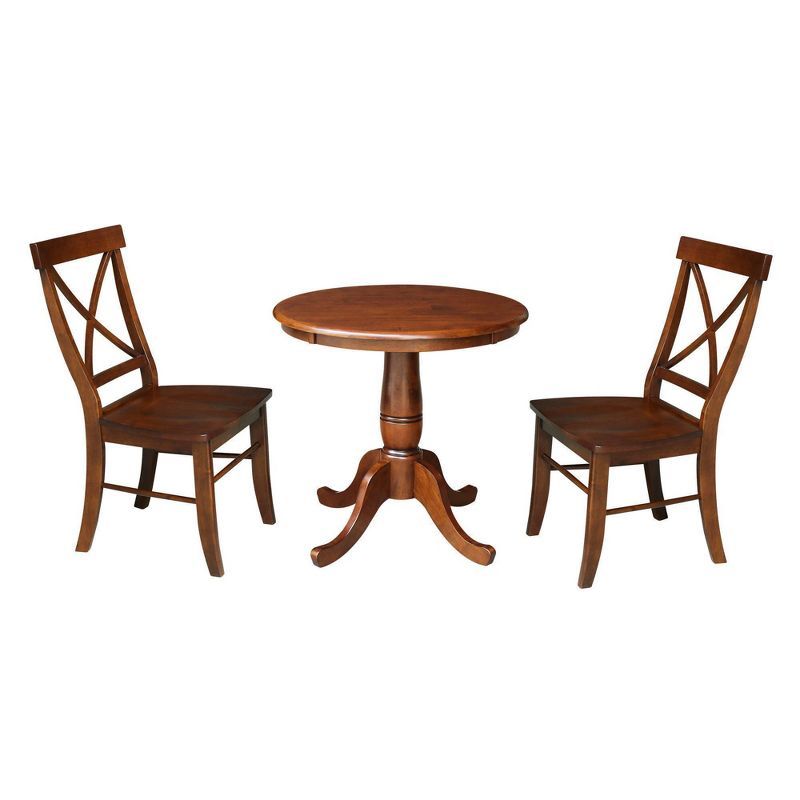 Espresso Solid Wood 30" Round Pedestal Table with 2 X-Back Chairs