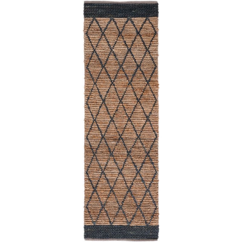 Natural and Black Hand-Knotted Jute Geometric Runner Rug