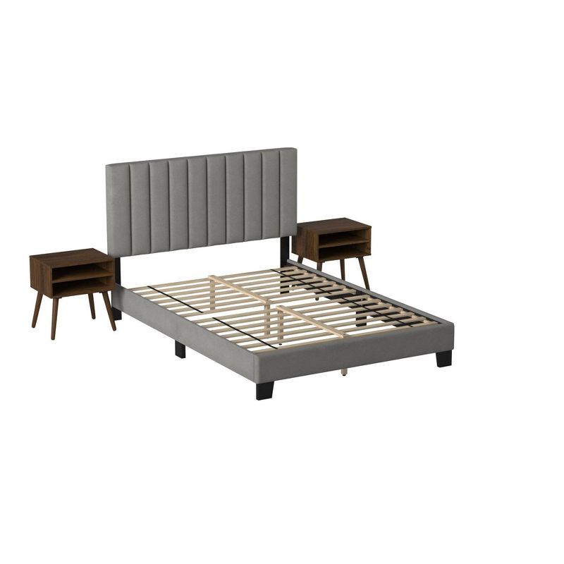 Gray Upholstered Queen Platform Bed with Nightstands