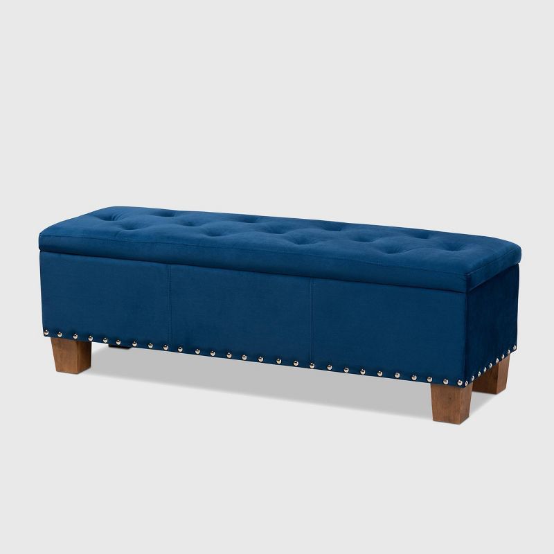 Elegant Navy Blue Velvet Tufted Storage Ottoman Bench with Silver Accents