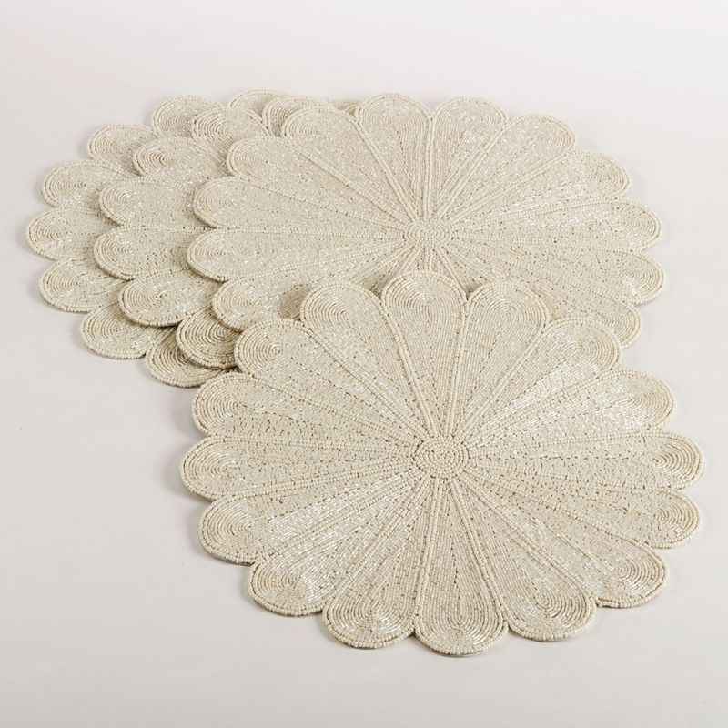 Ivory Flower Design Beaded Fabric Placemats, Set of 4