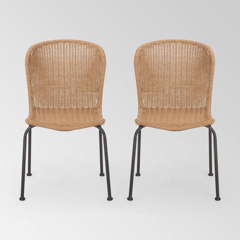 Set of 2 Light Brown Wicker and Iron Dining Chairs