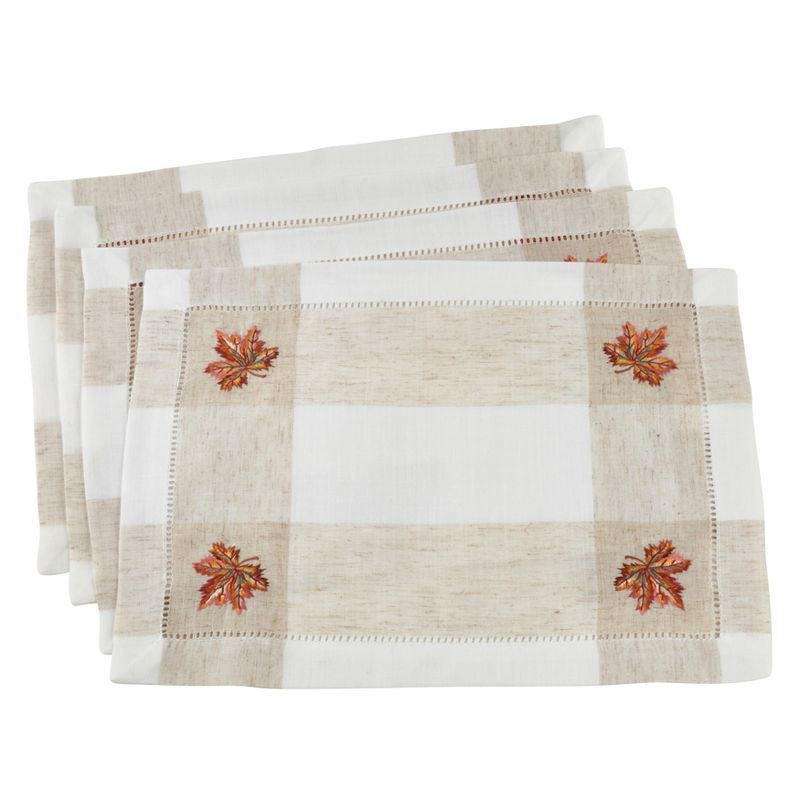 Ivory Hemstitch Placemats with Embroidered Leaf Design, Set of 4