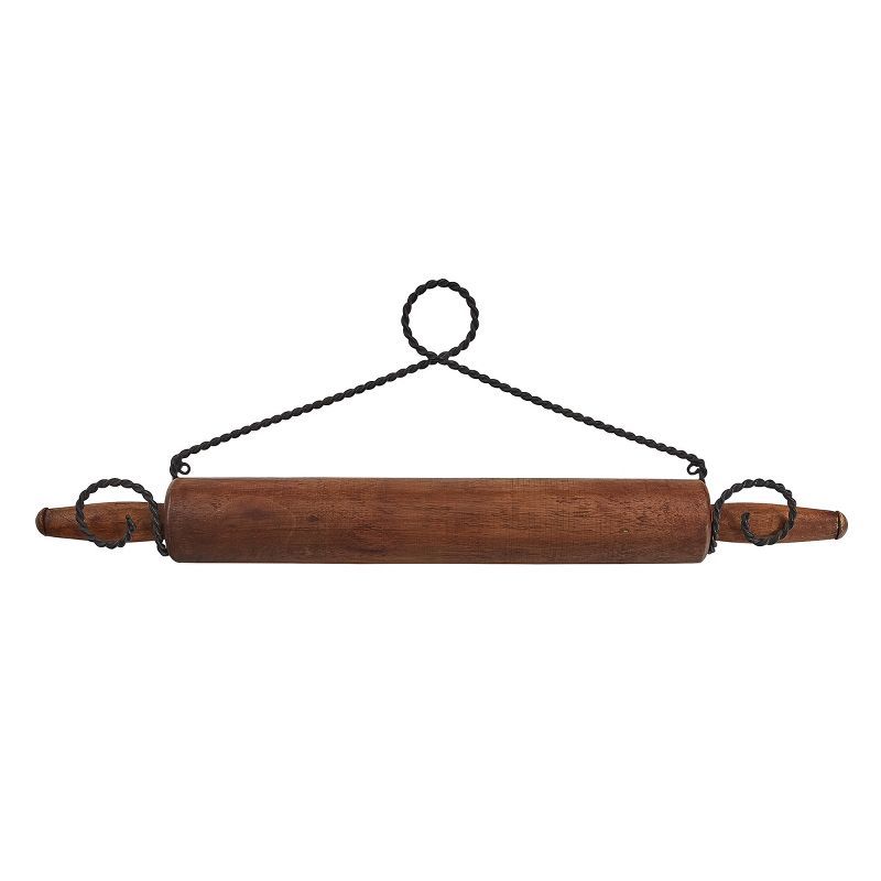 Rustic Brown Wood and Iron Rolling Pin Dishtowel Holder