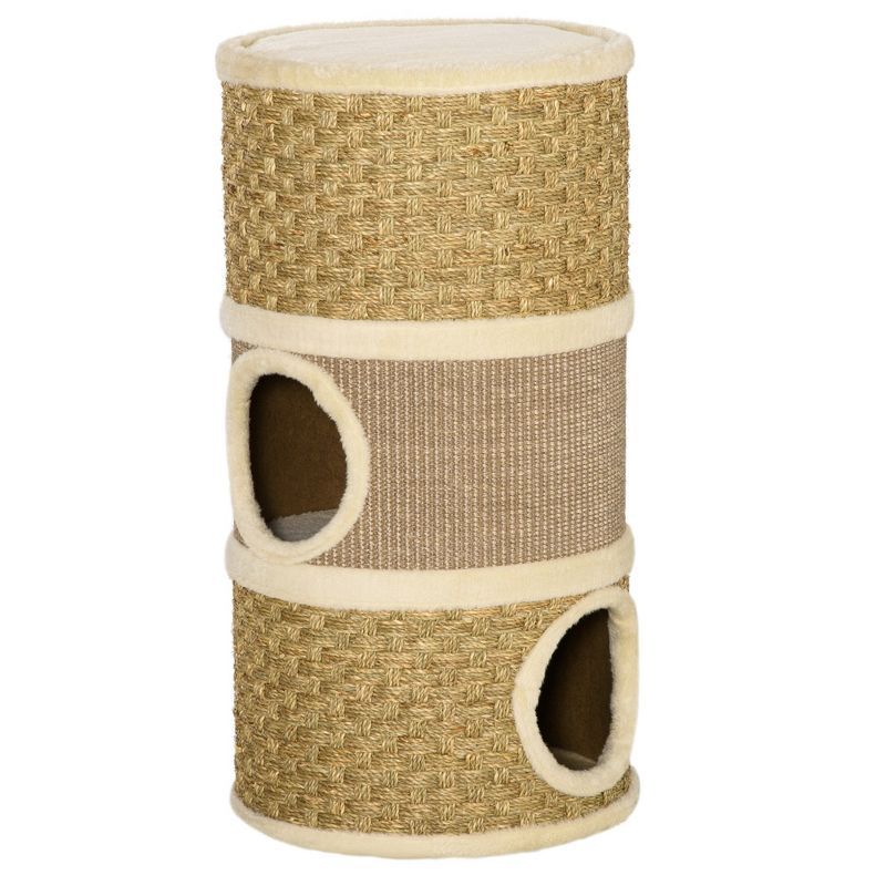 Khaki and Beige Sisal 3-Story Cat Condo with Scratching Pad