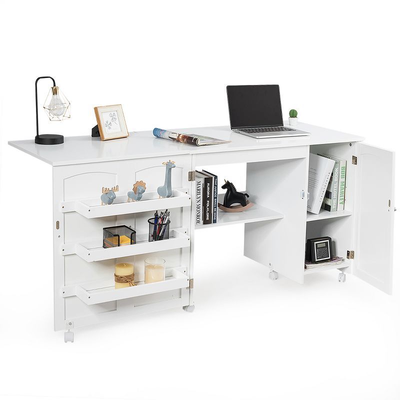 White Folding Sewing Table with Shelves and Wheels