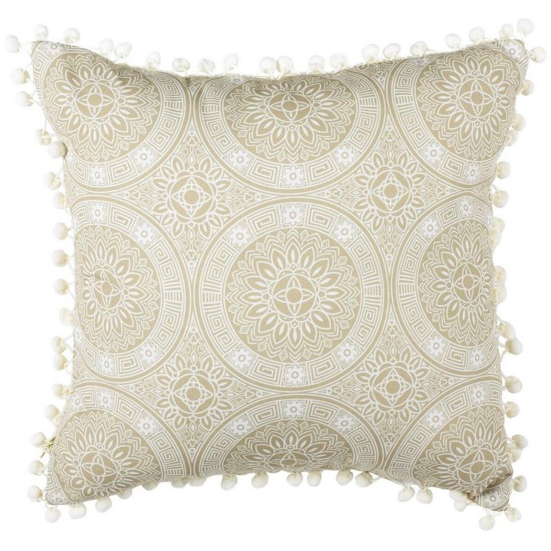 Beige and Gray Floral Medallion Pom Pom Pillow