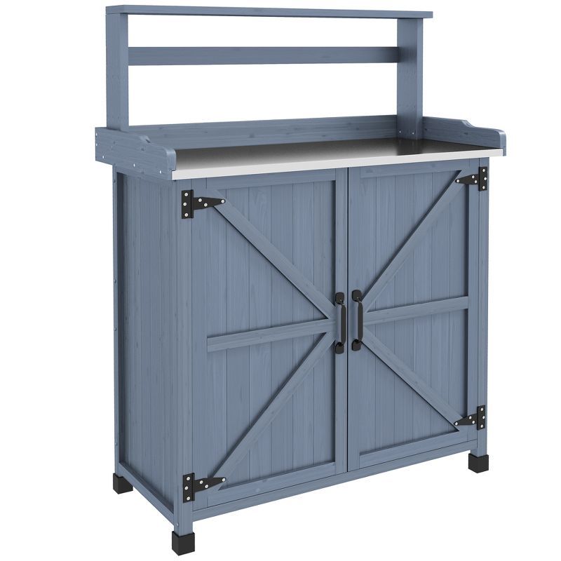 Gray Wooden Potting Bench with Storage Cabinet and Shelves