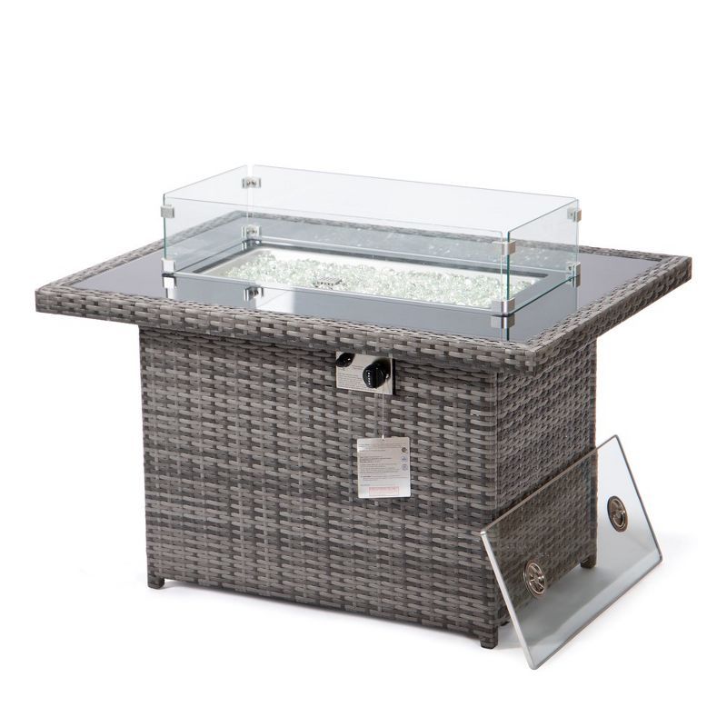 Gray Wicker Propane Fire Pit Table with Glass Guard