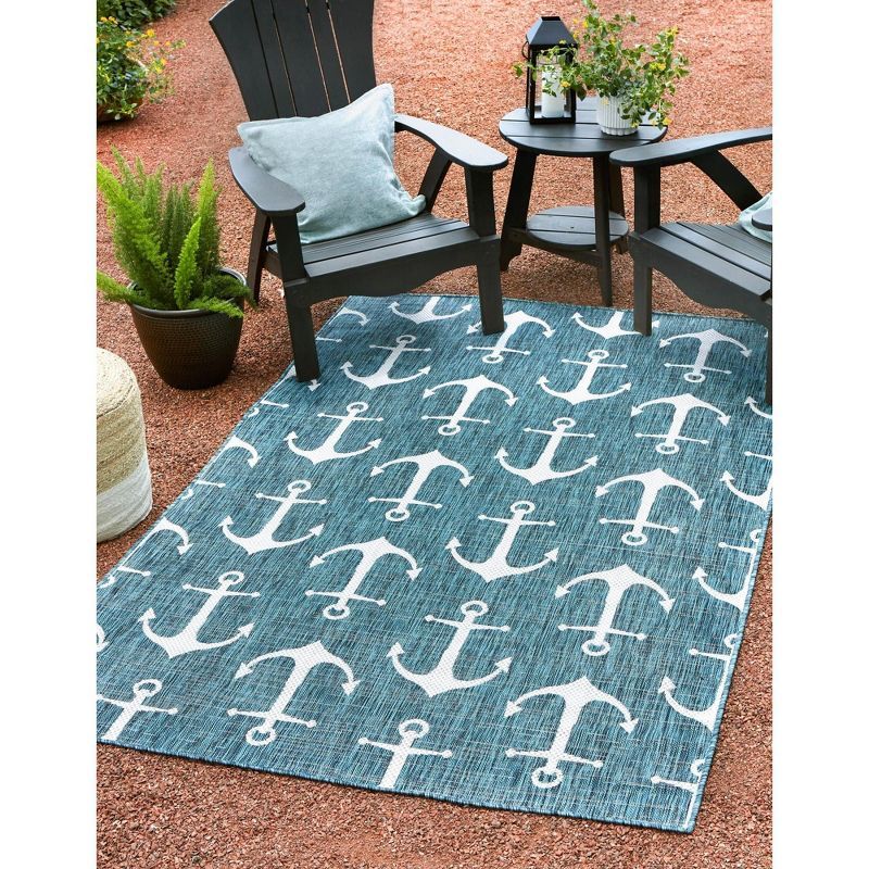 Teal and Ivory Nautical Anchor Outdoor Rug 4' x 6'