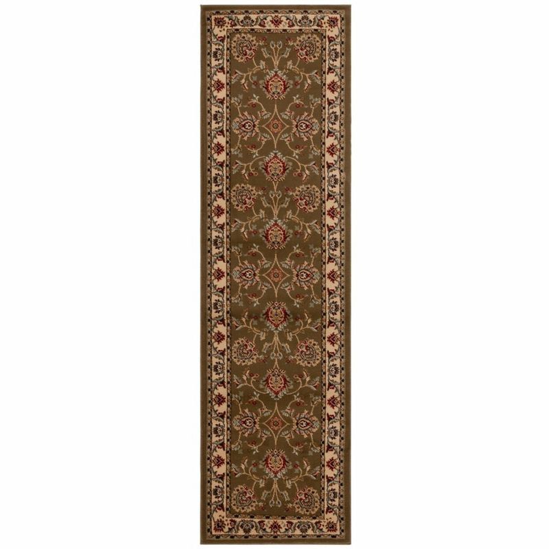 Ivory and Green Traditional Synthetic Runner Rug