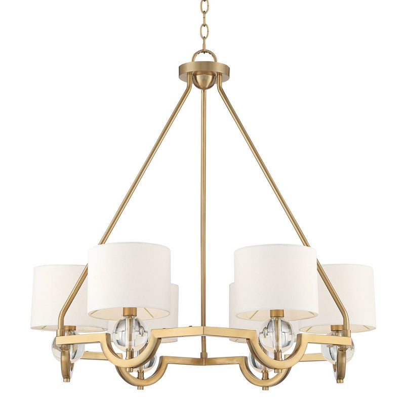 Warm Brass and Crystal 33" Chandelier with Off-White Drum Shades