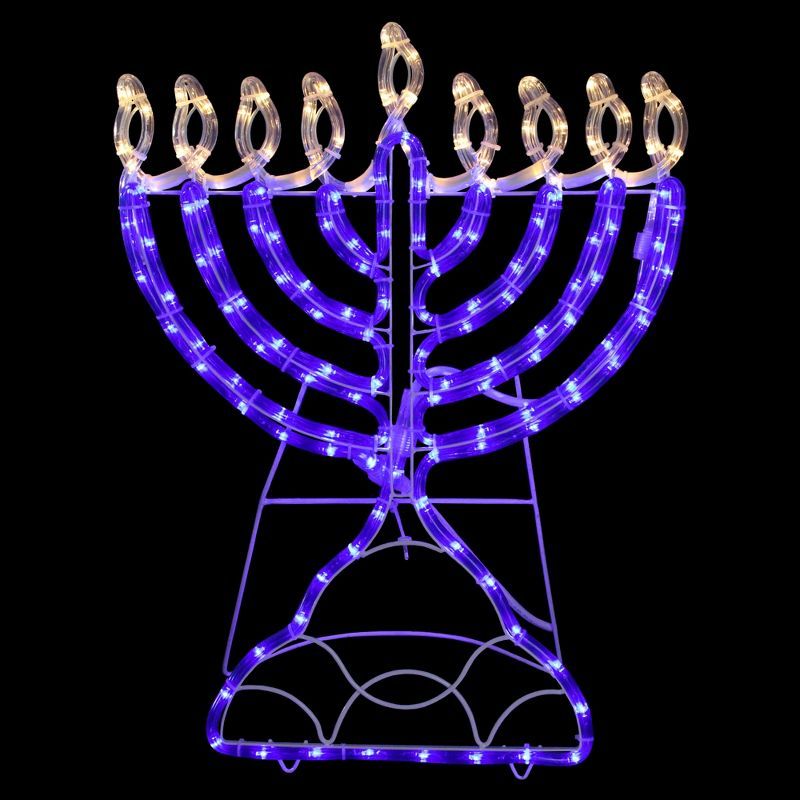 23" Blue and Clear LED Rope Light Menorah with Metal Frame