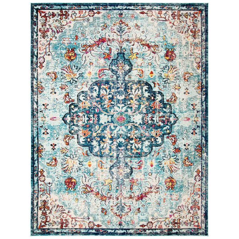 Light Blue and Navy Rectangular Synthetic Area Rug, 8' x 10'