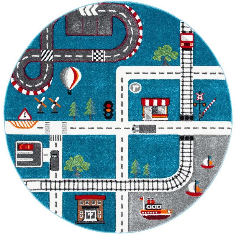 Turquoise and Ivory Round Kids Train Track Area Rug