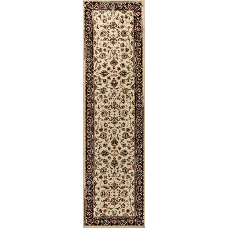 Ivory Floral Oriental Runner Rug with Black Border